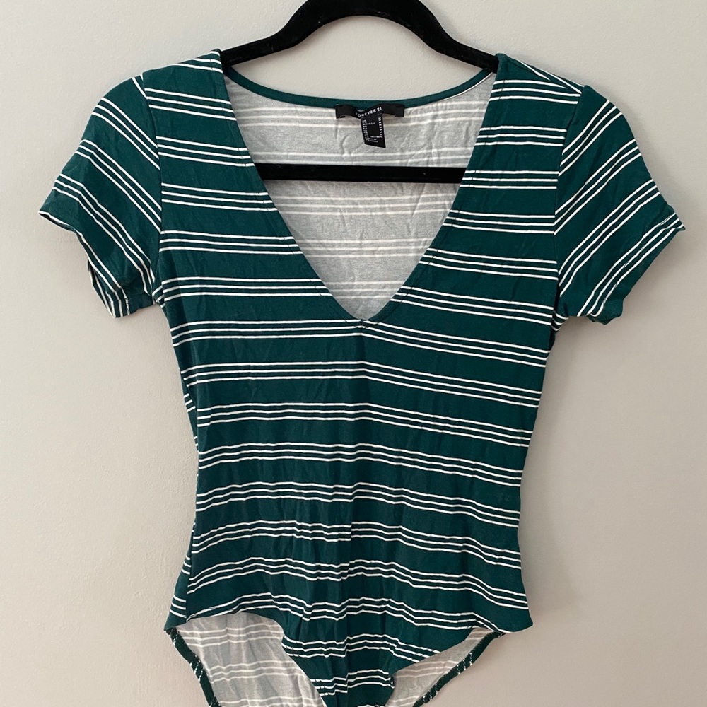 green and white striped bodysuit